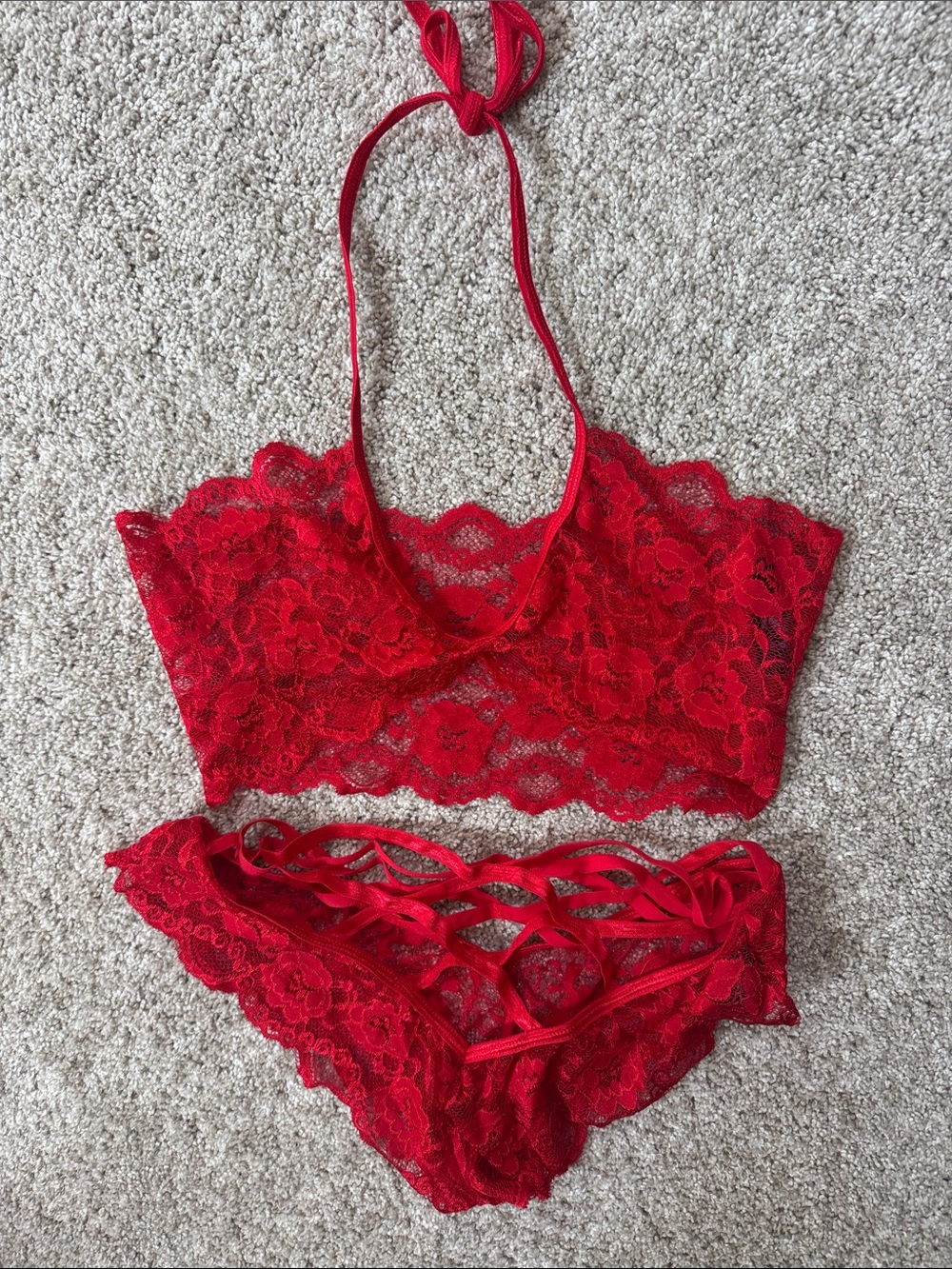 Dreamgirl Red Lace Halter Bralette with Crisscross Bikini Pant